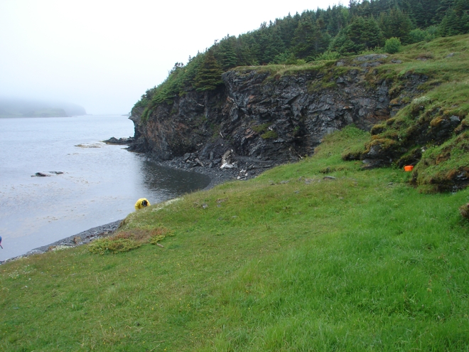 The foundation of a bread oven is visible as a low oval mound with exposed external walling at Boat Point, Four Ears Island, Griquet (EjAu-25).